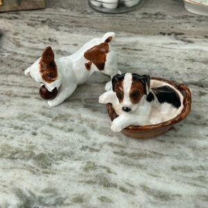 Royal Doulton Terrier Sitting In Basket & Jack Russell Puppy With Ball Figurines